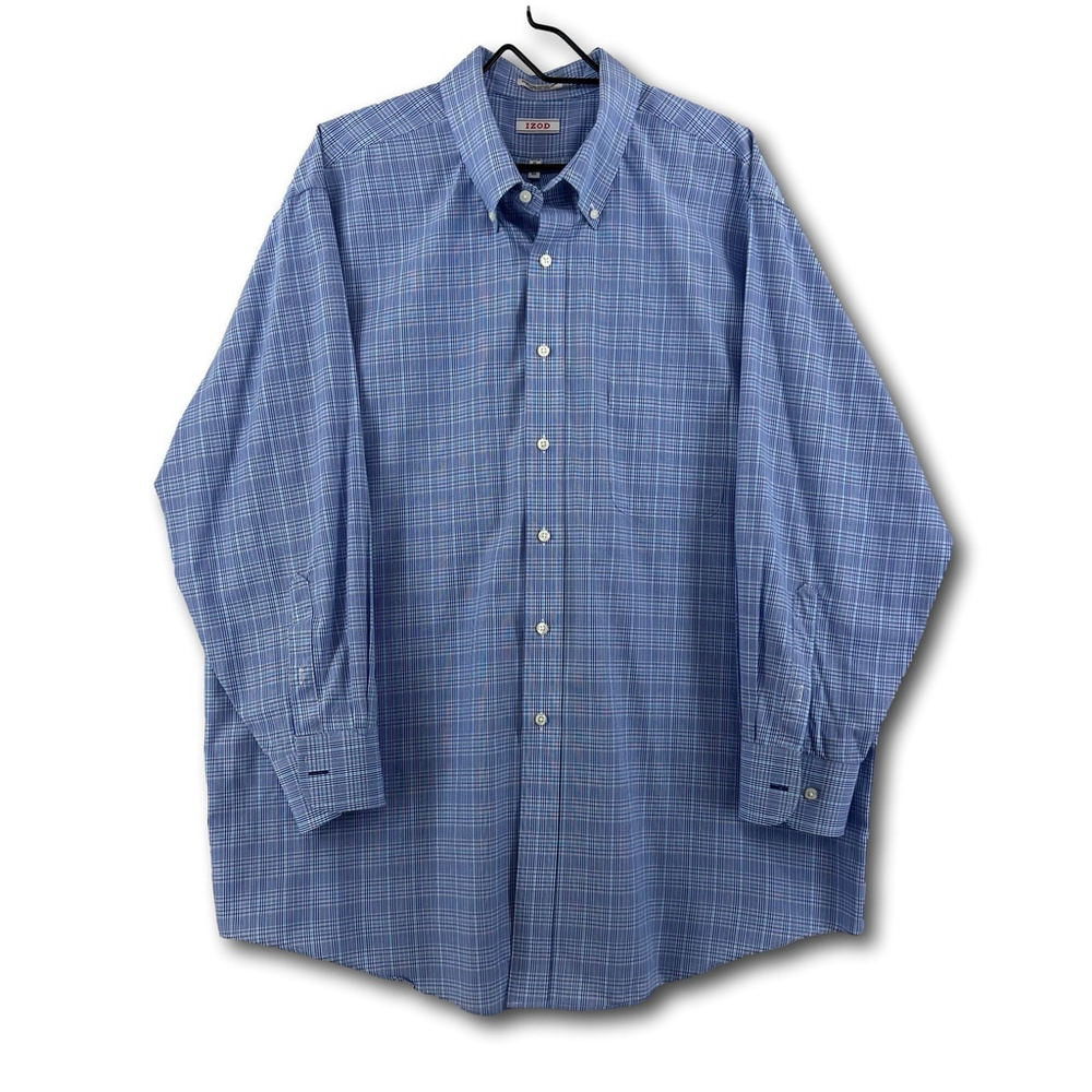 Izod Button Down Shirt Long Sleeve Blue Plaid Regular Fit Size 2XL 18/18.5